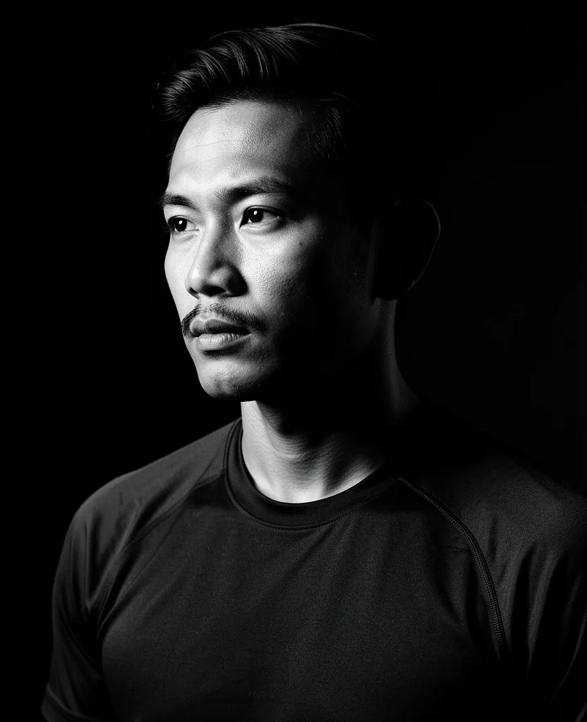 Pria Indonesia dalam pencahayaan dramatis hitam-putih