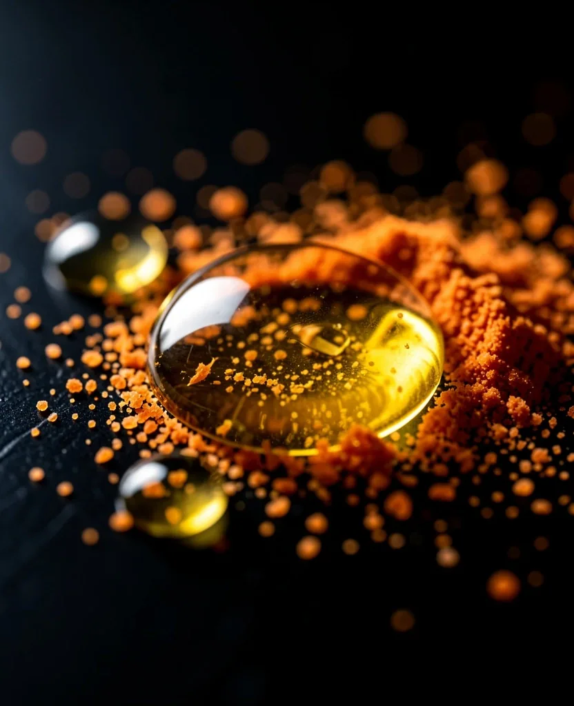 Makro foto struktur kristal vitamin pada permukaan gelap
