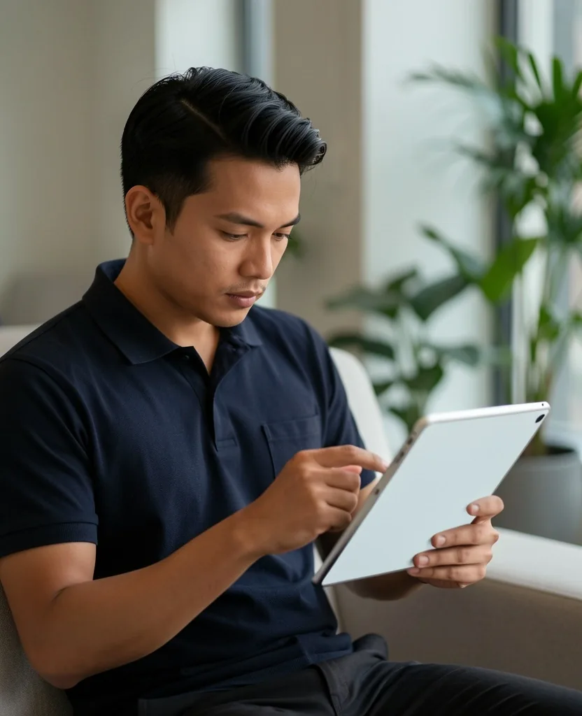 Pria Indonesia membaca informasi nutrisi di tablet